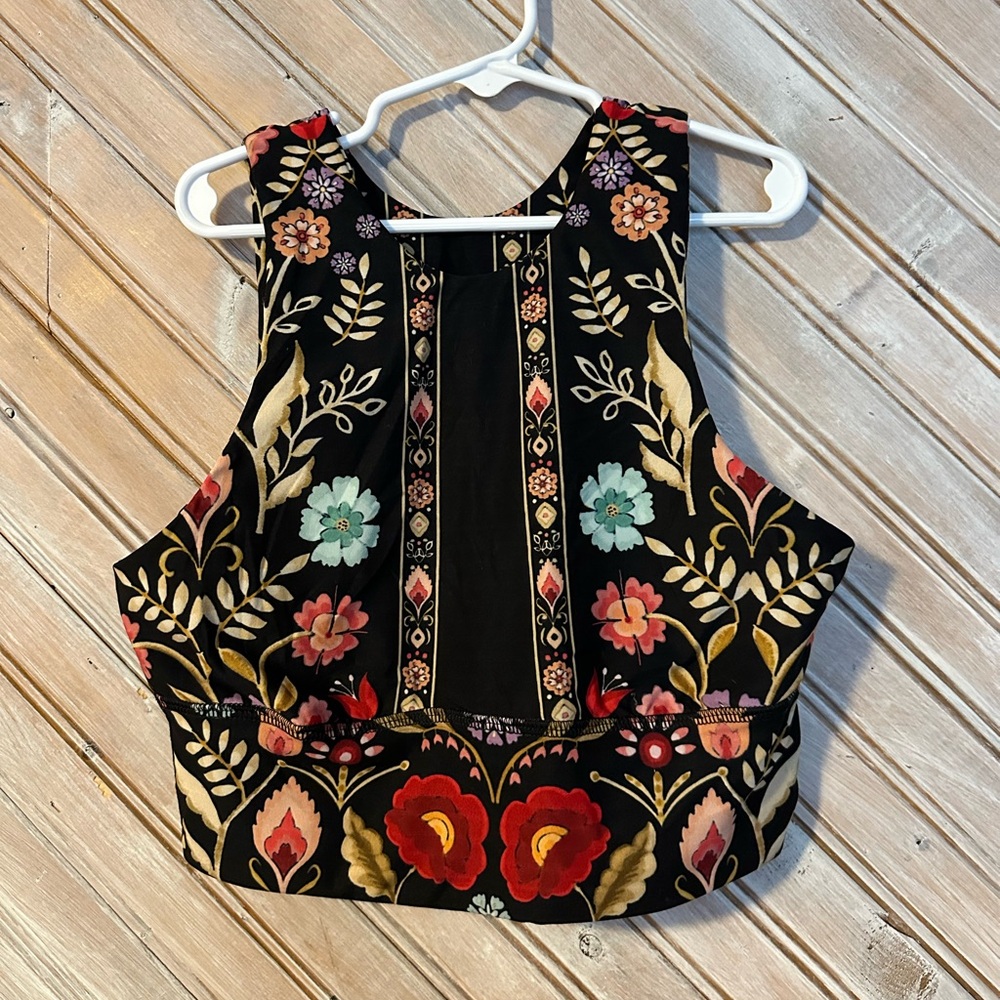 Floral Patterned Sports Bra Yoga Democracy Black Multicolor Flowers Workout